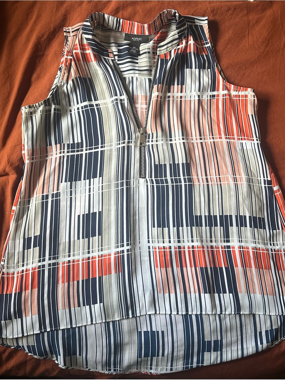 Alfani Navy, Coral & White Sleeveless Zip-Front Geometric Print Blouse, 6 P